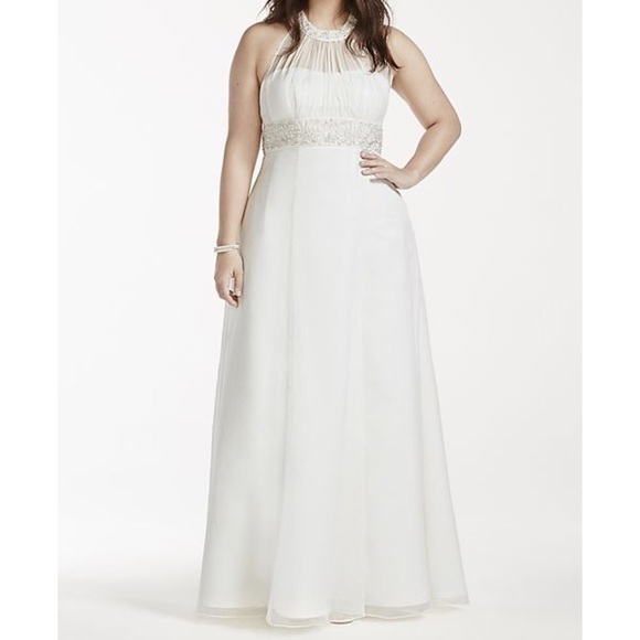 David’s Bridal High Neck Halter Chiffon Wedding Dress with Beaded Detail - Picture 1 of 8
